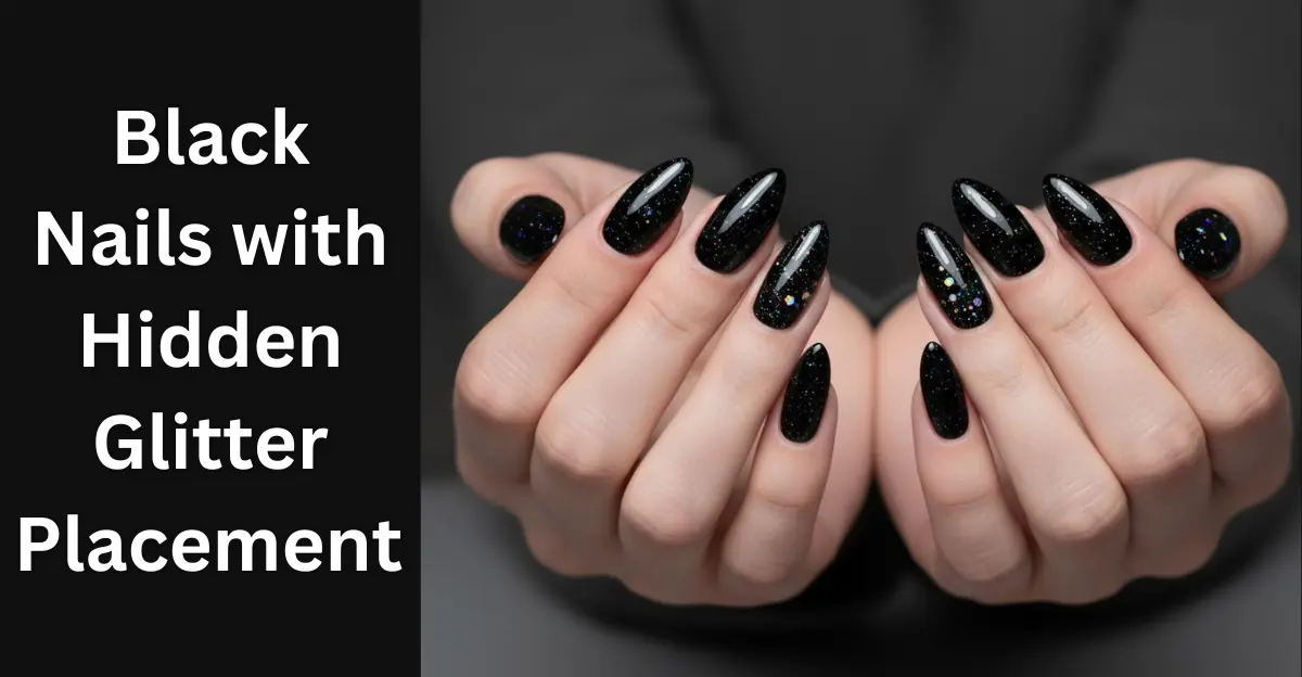 Black Nails with Hidden Glitter Placement