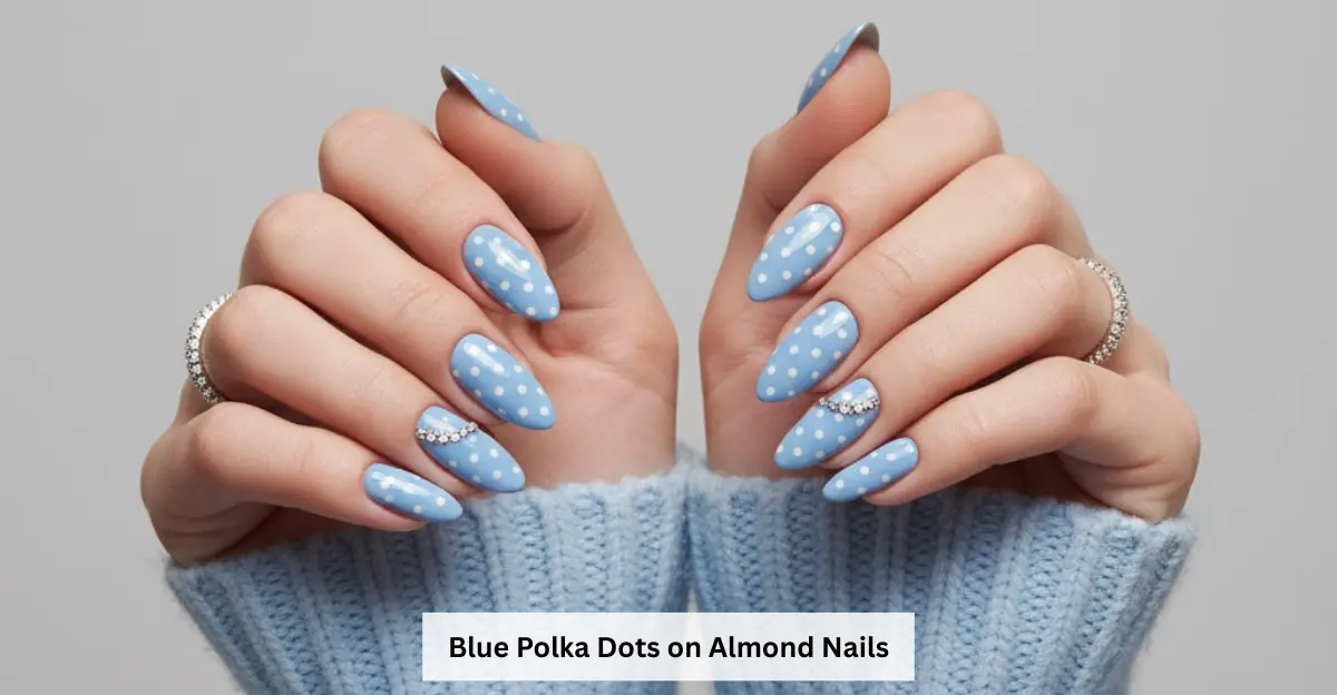 Blue Polka Dots on Almond Nails