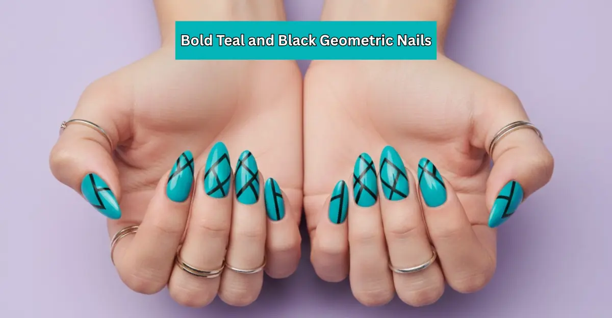 Bold Teal and Black Geometric Nails
