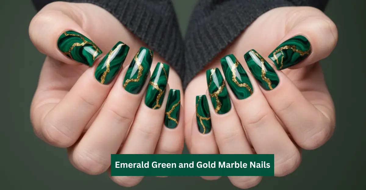 Emerald Green and Gold Marble Nails