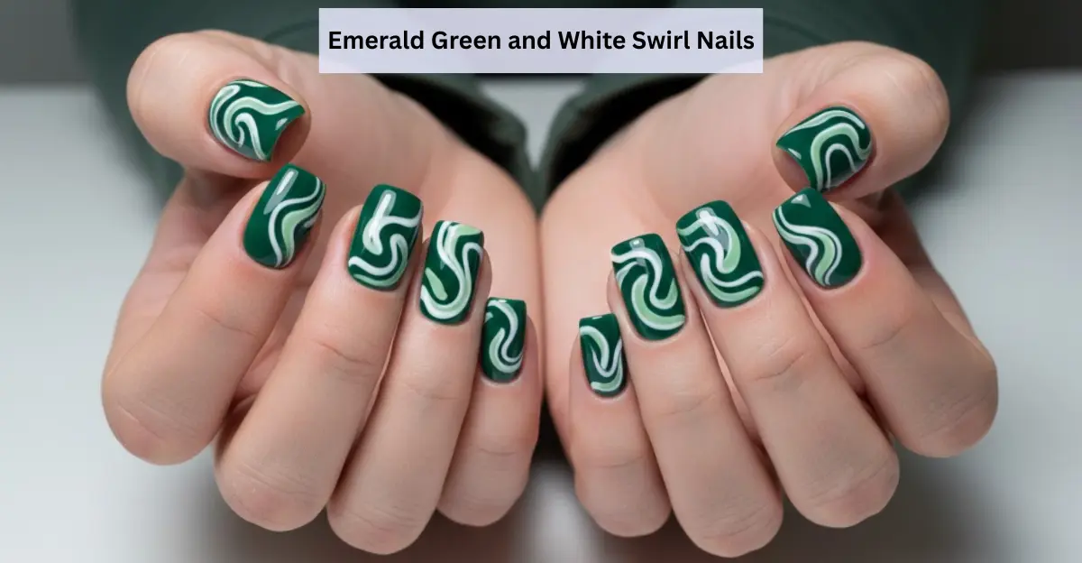 Emerald Green and White Swirl Nails