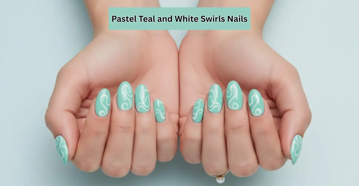 Pastel Teal and White Swirls Nails