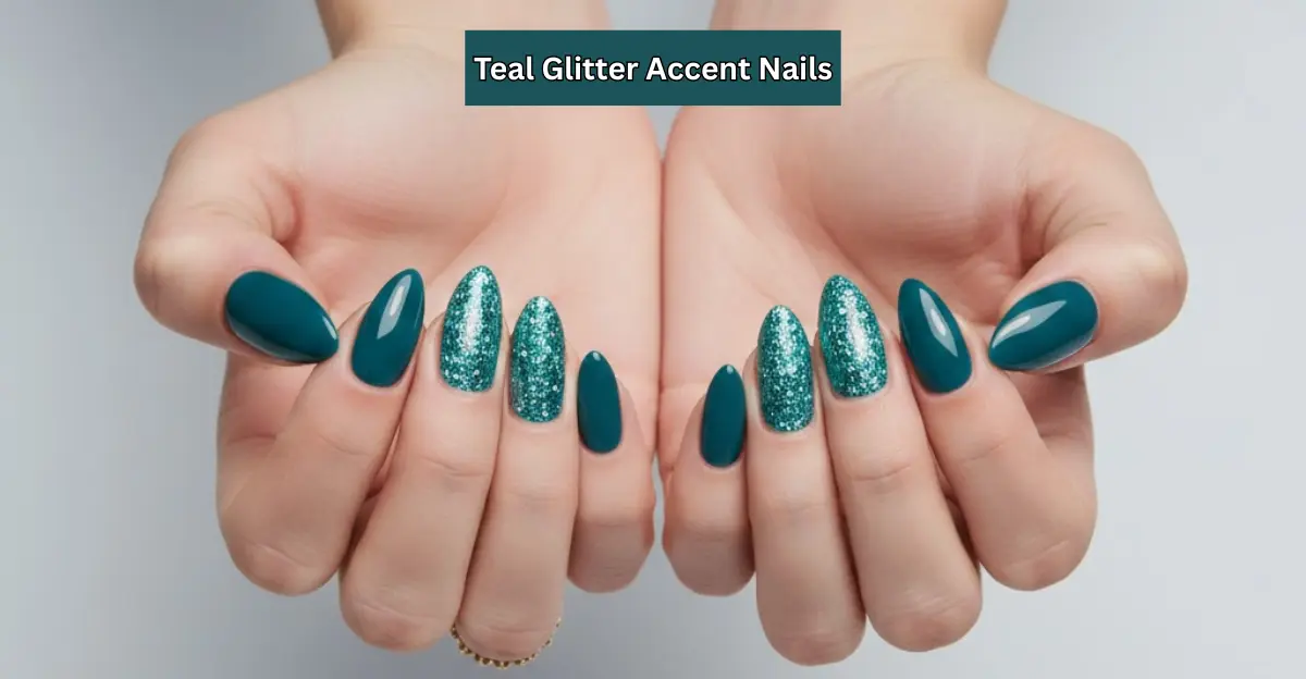 Teal Glitter Accent Nails