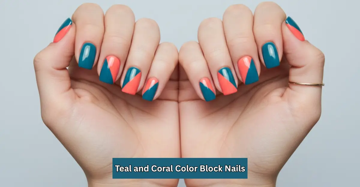 Teal and Coral Color Block Nails