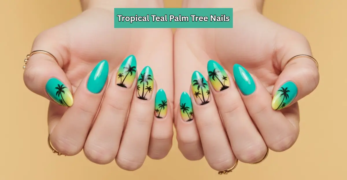 Tropical Teal Palm Tree Nails
