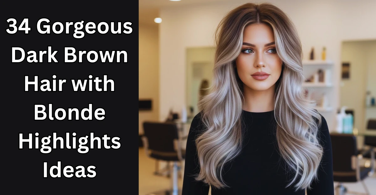 Long, voluminous dark brown hair with bright face-framing blonde highlights and soft waves.