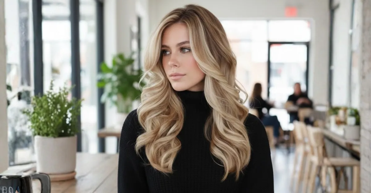 A woman with long, voluminous hair featuring beige blonde highlighted layers and bright face-framing pieces that contrast with a dark base.