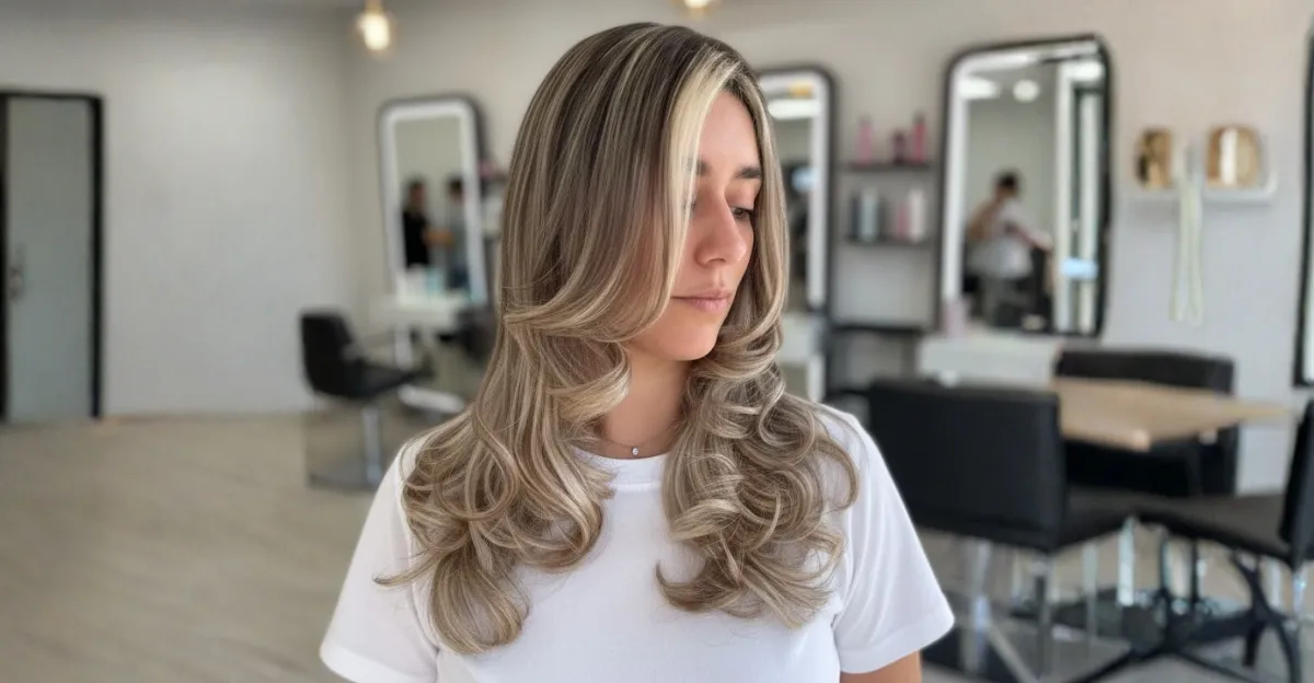 A woman with medium-length beige blonde soft waves featuring bright face-framing highlights and a natural, darker base.