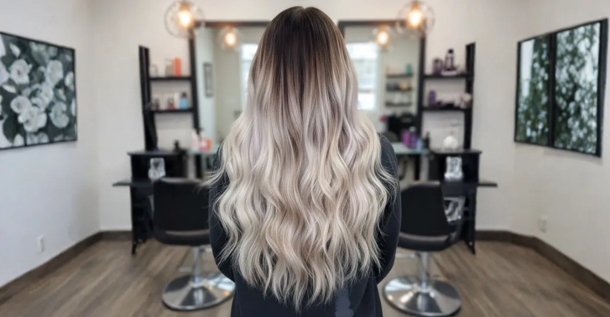 A woman with long hair featuring a bright blonde balayage that creates a high-contrast transition from her natural dark roots.