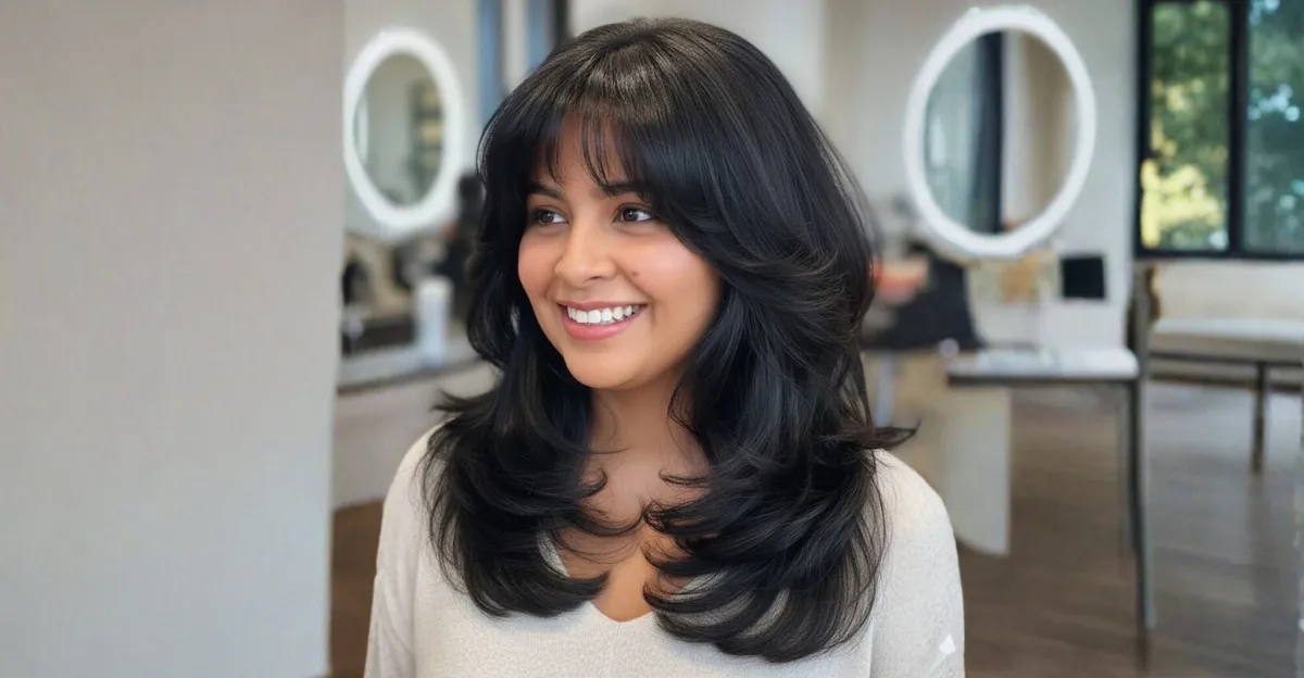 A smiling woman with bouncy black hair featuring voluminous, curled layers and soft face-framing bangs.
