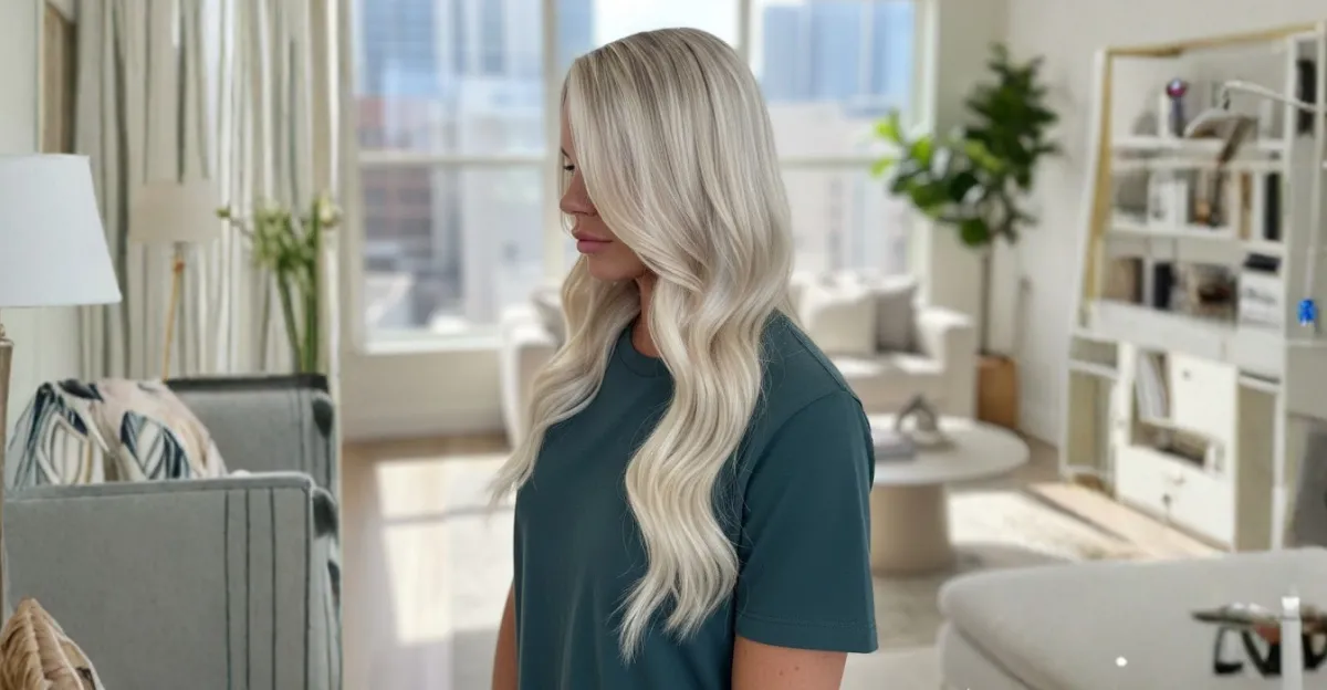 A woman with extra-long hair styled in bright icy butter blonde waves that feature a seamless, luminous finish.