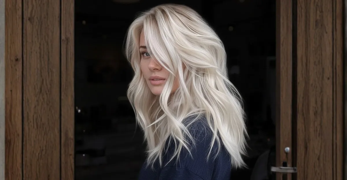 A woman with long, voluminous hair featuring bright platinum blonde waves and a soft root shadow for a high-contrast look.