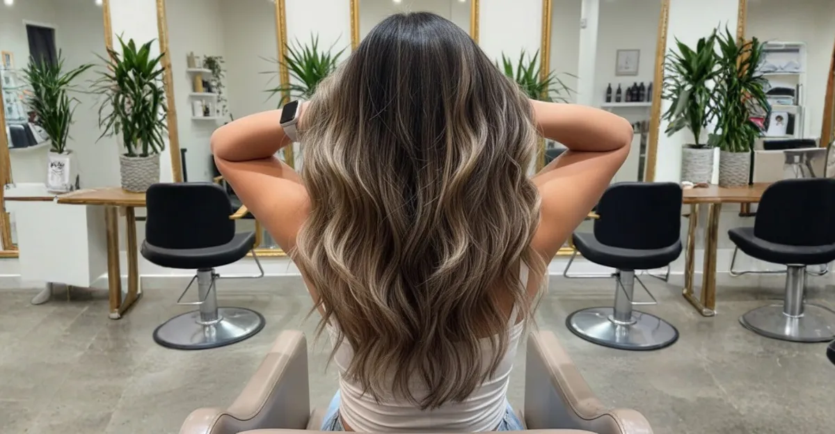 A woman with long hair featuring a bronde balayage with seamless blonde highlights and soft, textured waves.