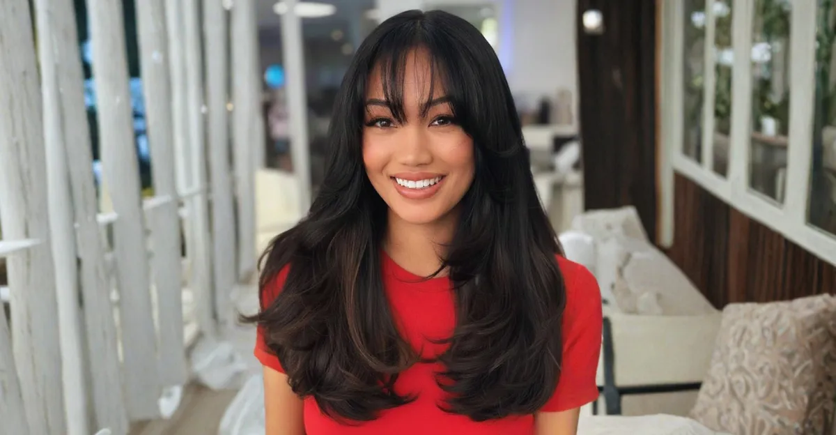 A woman with long, voluminous brown-black hair featuring soft face-framing layers and light, sheer bangs.