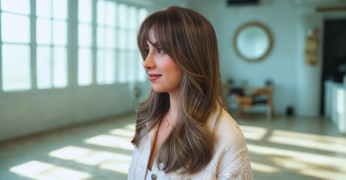 A woman with medium-long brunette hair featuring soft, face-framing layers, subtle sun-kissed highlights, and wispy bangs.