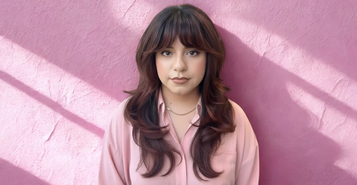 A woman with deep burgundy brown hair featuring face-framing layers and soft, full bangs that frame the eyes.