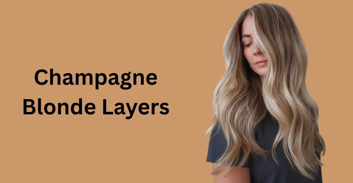 A woman with long, voluminous champagne blonde hair featuring soft layers and bright, face-framing highlights.