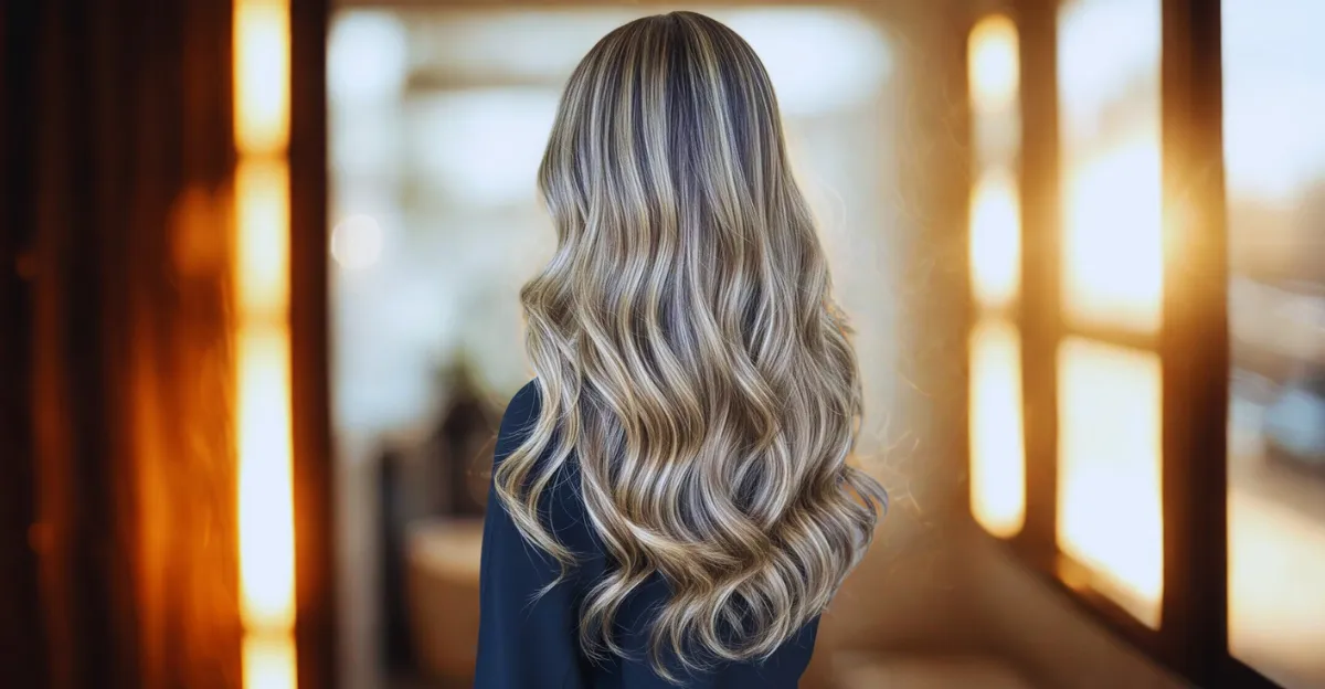 Rear view of long, flowing charcoal brown hair featuring bright, multidimensional sandy blonde highlights.