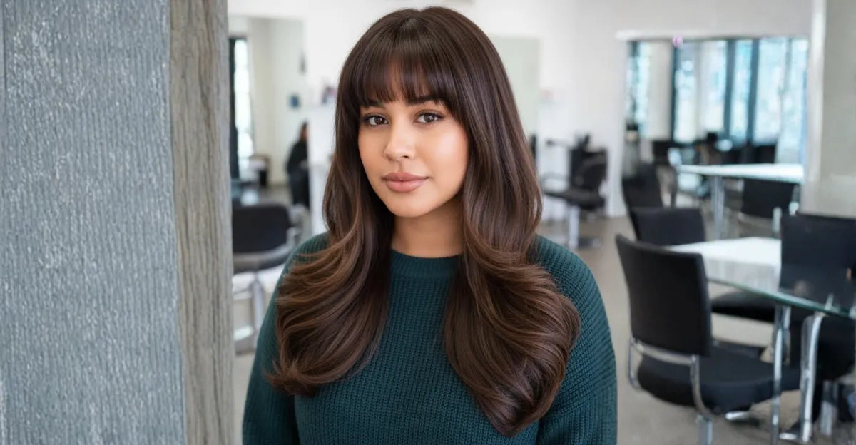 A woman with long, rich chocolate brown hair featuring voluminous, curled layers and thick, straight-across blunt bangs.