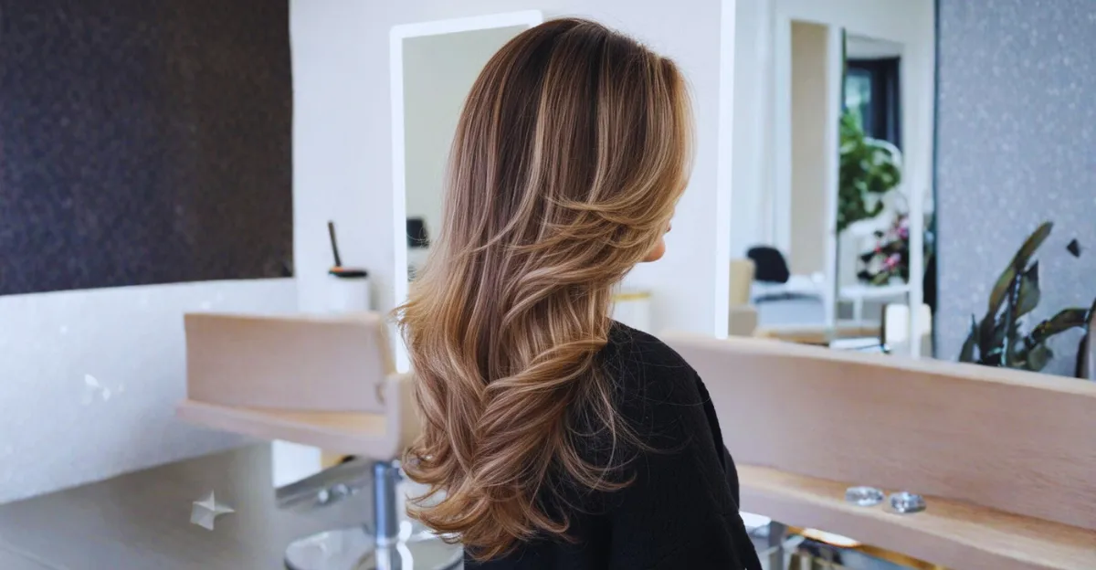 Side profile of long, layered chocolate brown hair with fine cream blonde highlights and soft, bouncy curls at the ends.