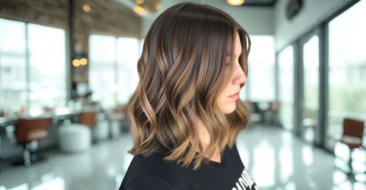 Side profile of a woman with a shoulder-length chocolate espresso lob featuring warm caramel ribbon highlights.