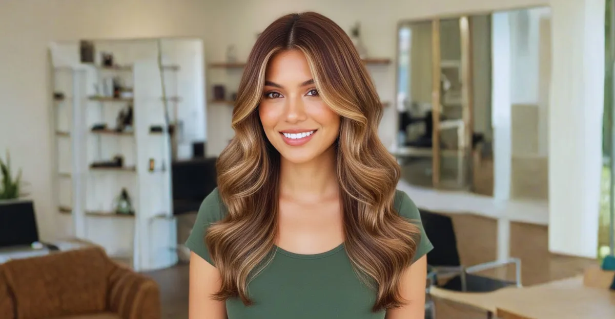 A woman with long, voluminous cinnamon brown hair featuring warm honey face-framing highlights and deep waves.