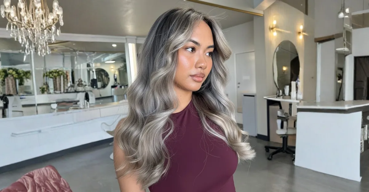 A woman showcasing long, voluminous hair with a seamless blend of cool ash blonde waves and bright silver-toned face-framing highlights.