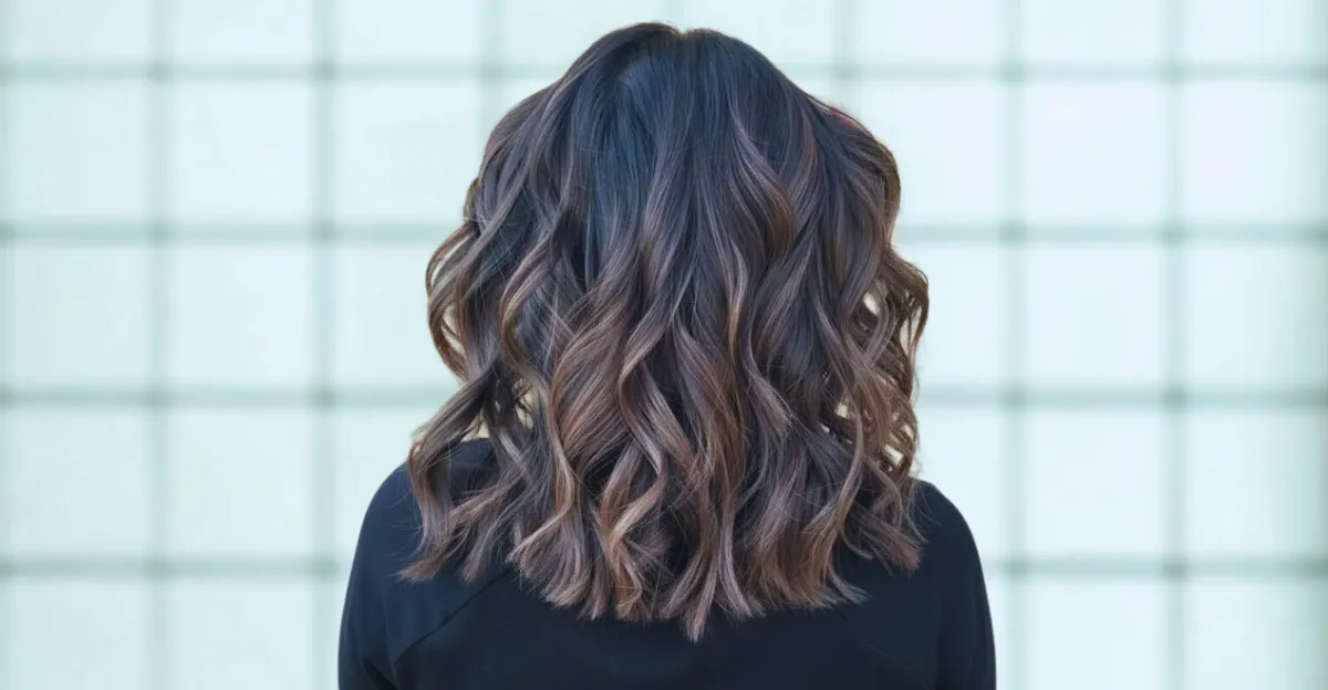 Rear view of a shoulder-length cool brunette bob styled in loose curls with subtle blonde ribbons of color.