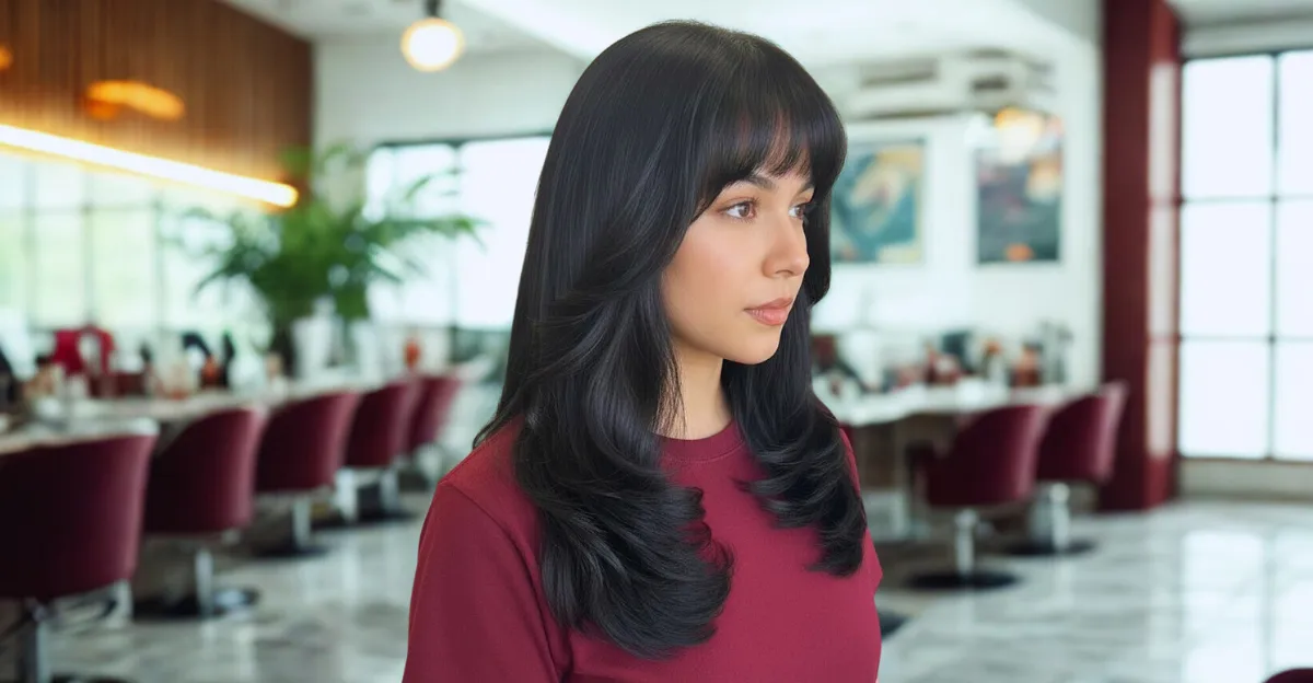 A woman with long, jet-black hair styled in bouncy, curled layers and thick, straight-across bangs.