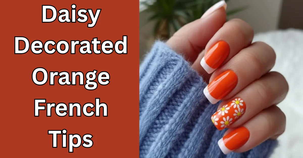 Daisy-Decorated Orange French Tips