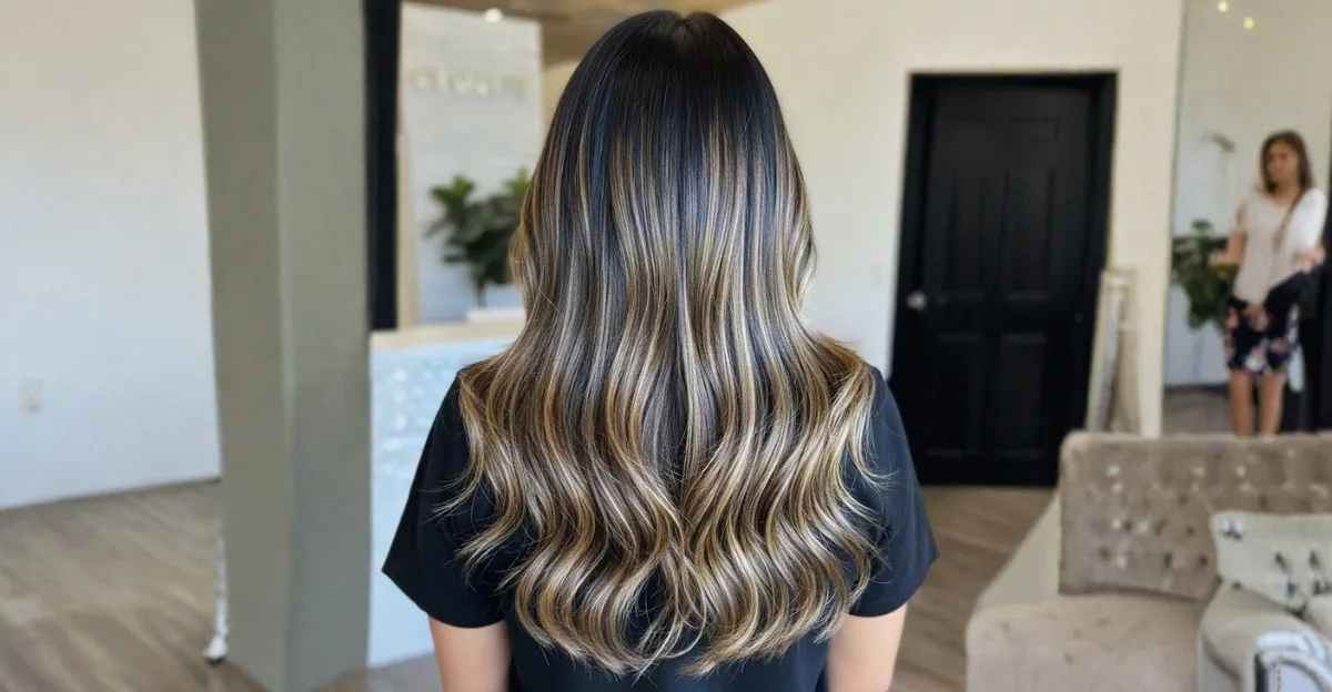 Rear view of long, wavy dark ash brown hair featuring high-contrast vanilla blonde highlights and a smooth, glossy finish.