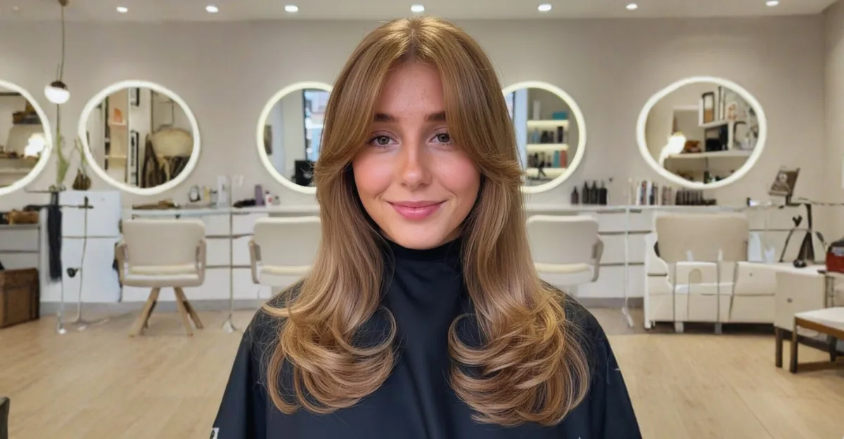 A smiling woman with medium-long dark blonde hair featuring voluminous face-framing layers and soft, center-parted curtain bangs.