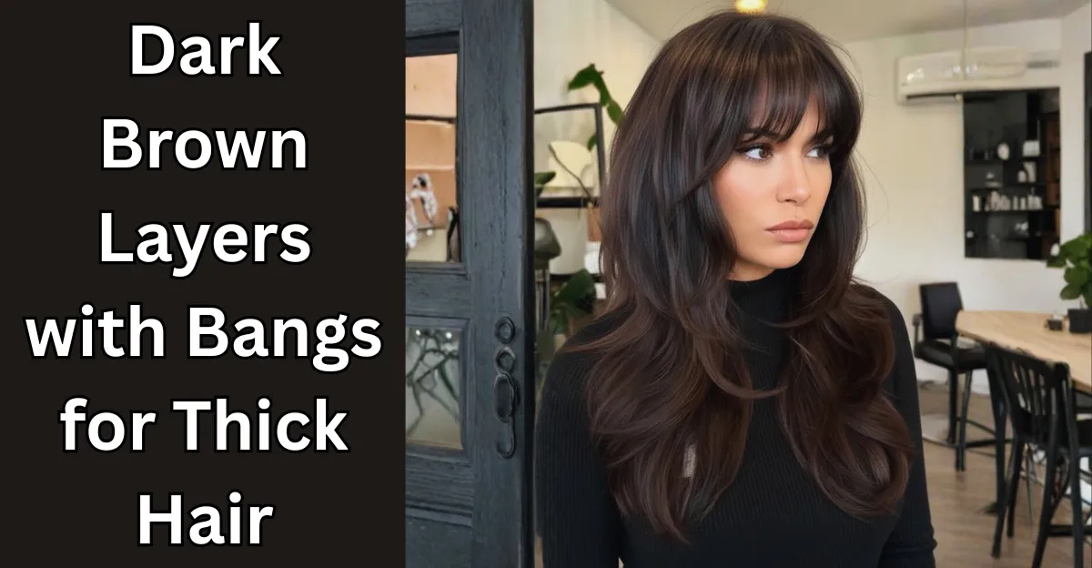 A woman with long, voluminous dark brown hair featuring thick, face-framing layers and full, textured bangs.
