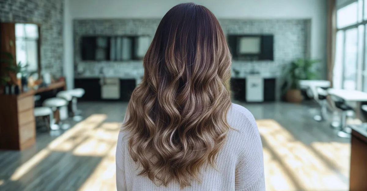 Rear view of long, wavy dark brown hair featuring a seamless, cool-toned ashy blonde balayage.