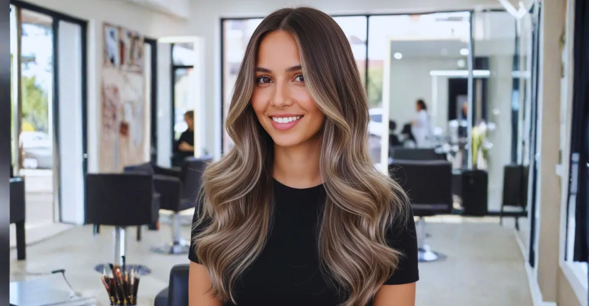 A smiling woman with long, voluminous dark brown hair featuring soft champagne blonde highlights and a face-framing money piece.