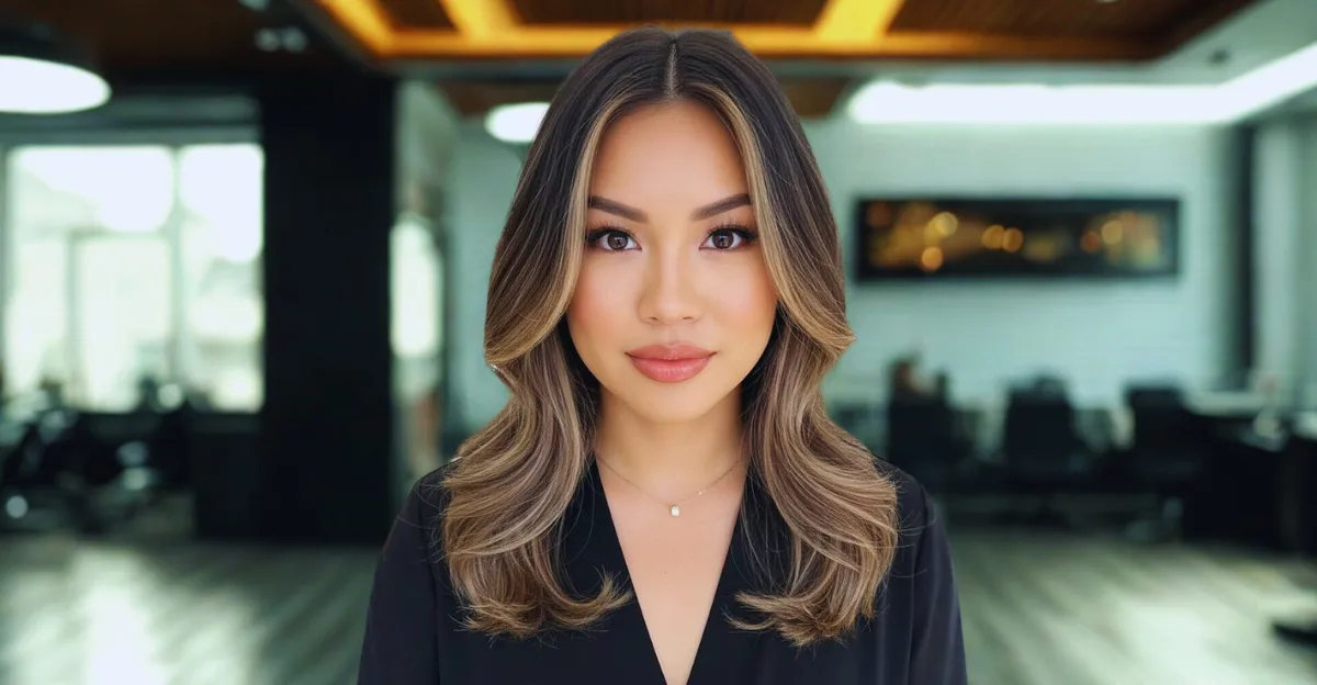 A woman with medium-length dark brown hair featuring a face-framing blonde balayage and soft, outward-curled ends.