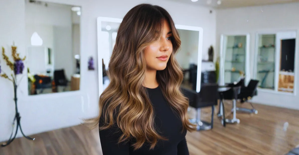 A woman with long wavy dark brown hair featuring a warm, light honey blonde balayage and soft curtain bangs.