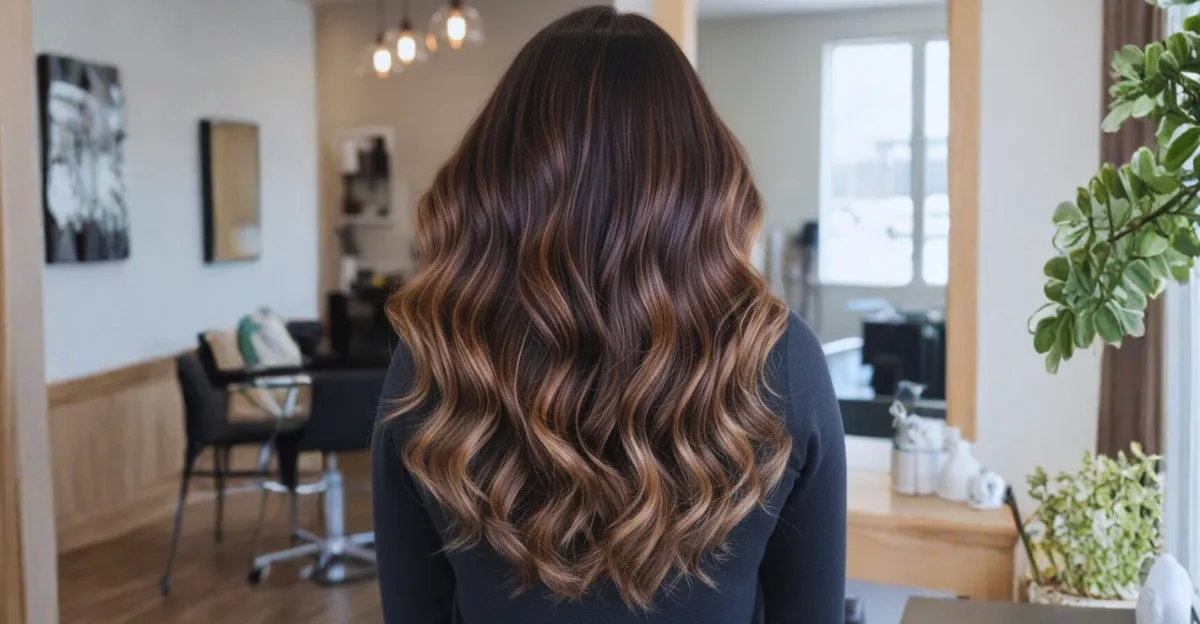 Rear view of long, voluminous dark brown hair styled in deep waves with warm, multidimensional blonde and copper highlights.
