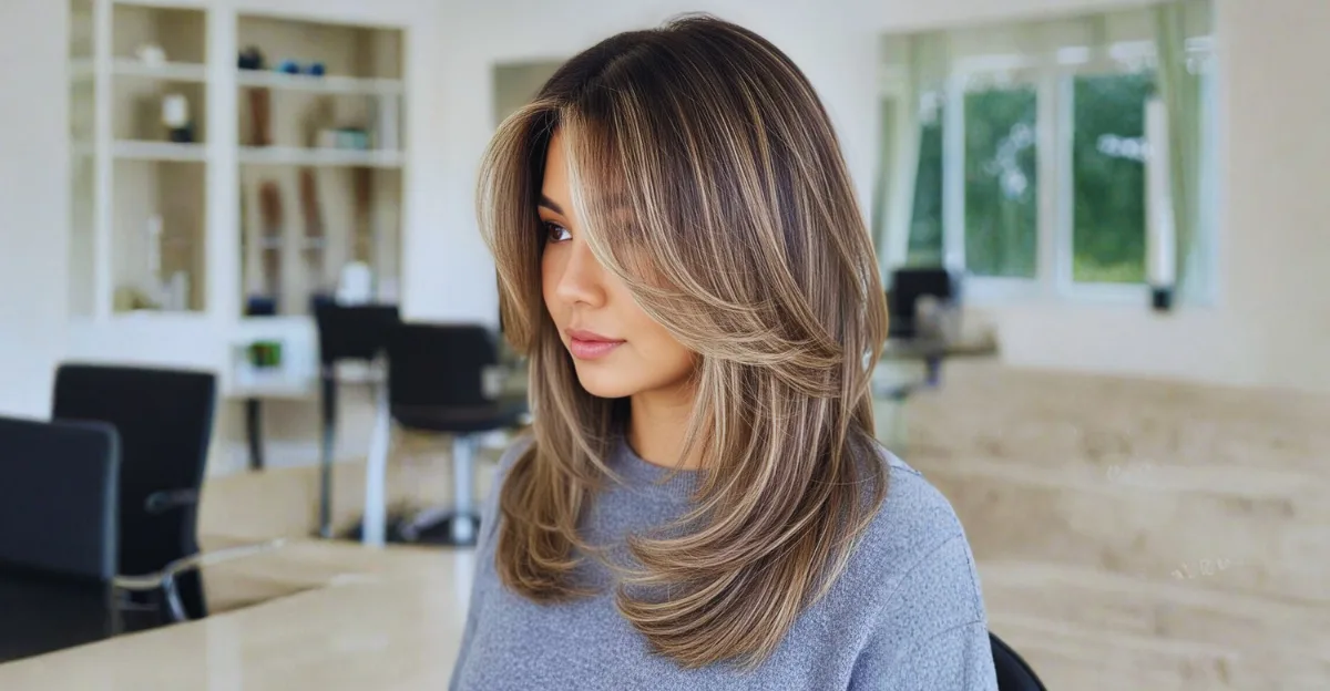 A woman with layered, medium-length dark brown hair featuring piecey blonde highlights and soft, face-framing waves.