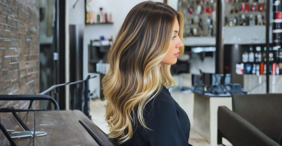 Side view of long, wavy dark brown hair featuring soft, sun-kissed blonde highlights and a bright face-framing money piece.