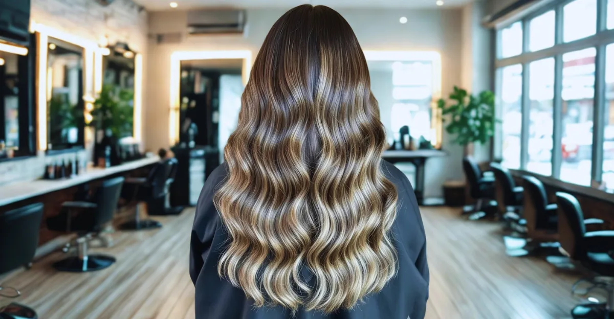 Rear view of long, voluminous dark chocolate brown hair styled in waves with high-contrast, bright blonde ribbons of highlights.