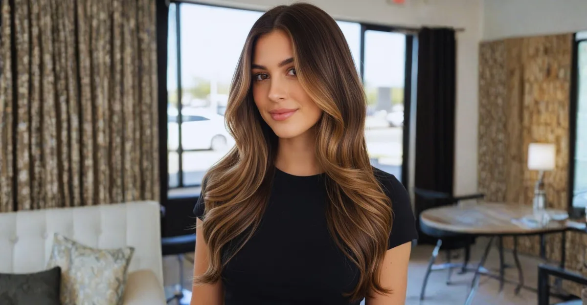 A woman with long wavy dark chocolate brown hair featuring warm caramel face-framing highlights.