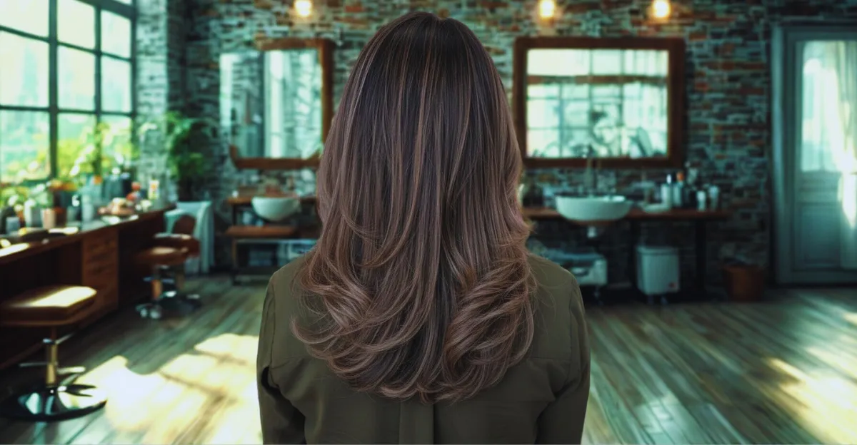 Rear view of long, layered dark cocoa brown hair featuring delicate, shimmering champagne babylights.