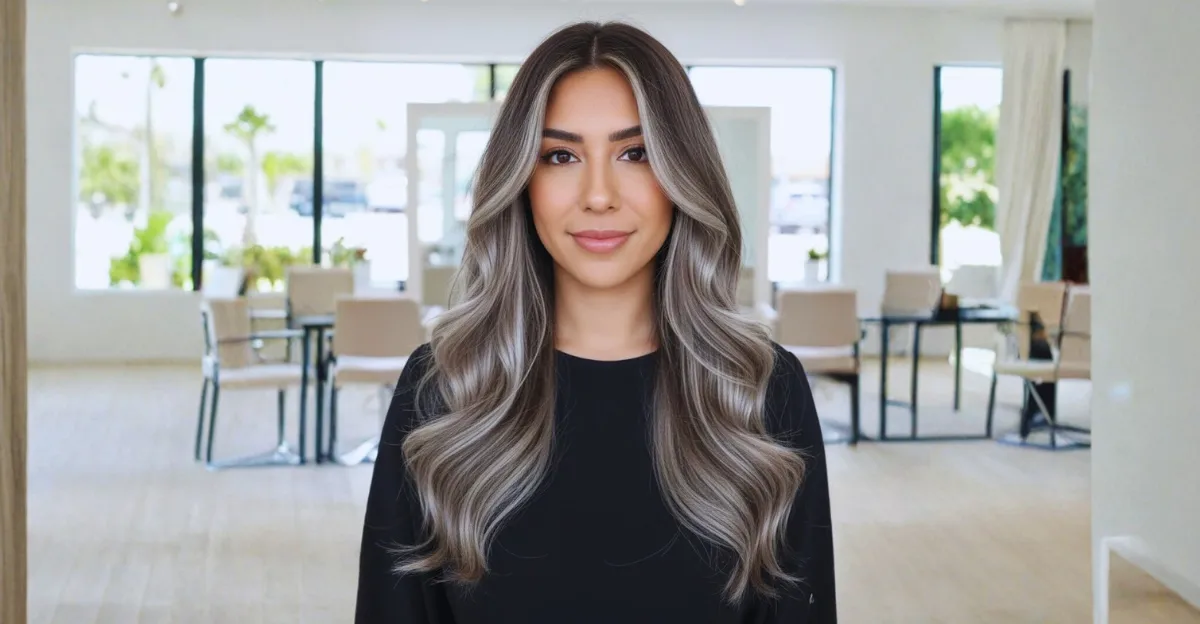 A woman with long wavy dark coffee brown hair featuring bright, cool-toned ice blonde highlights and a face-framing money piece.
