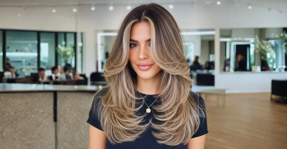 A woman with voluminous, layered dark espresso hair featuring bright champagne blonde highlights and a face-framing fringe.