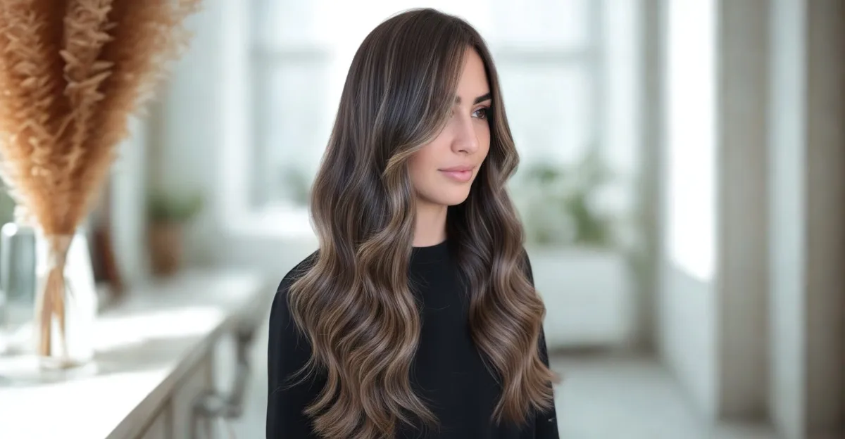 A woman with long wavy dark mocha brown hair featuring subtle, cool-toned dirty blonde highlights throughout.