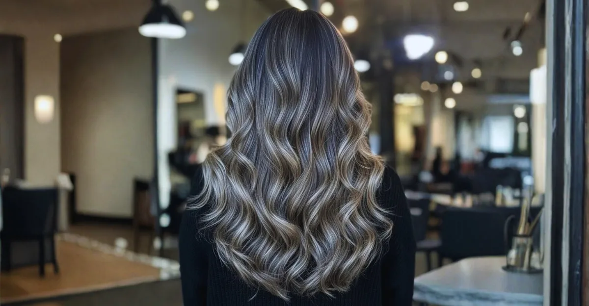 Rear view of long wavy dark mushroom brown hair featuring bright, cool-toned platinum blonde highlights.