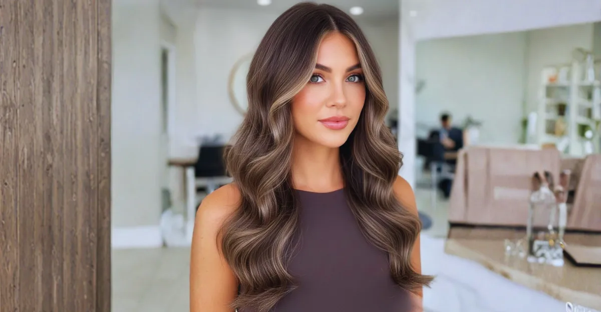 A woman with long, wavy dark mushroom brown hair featuring a face-framing smoky blonde money piece.