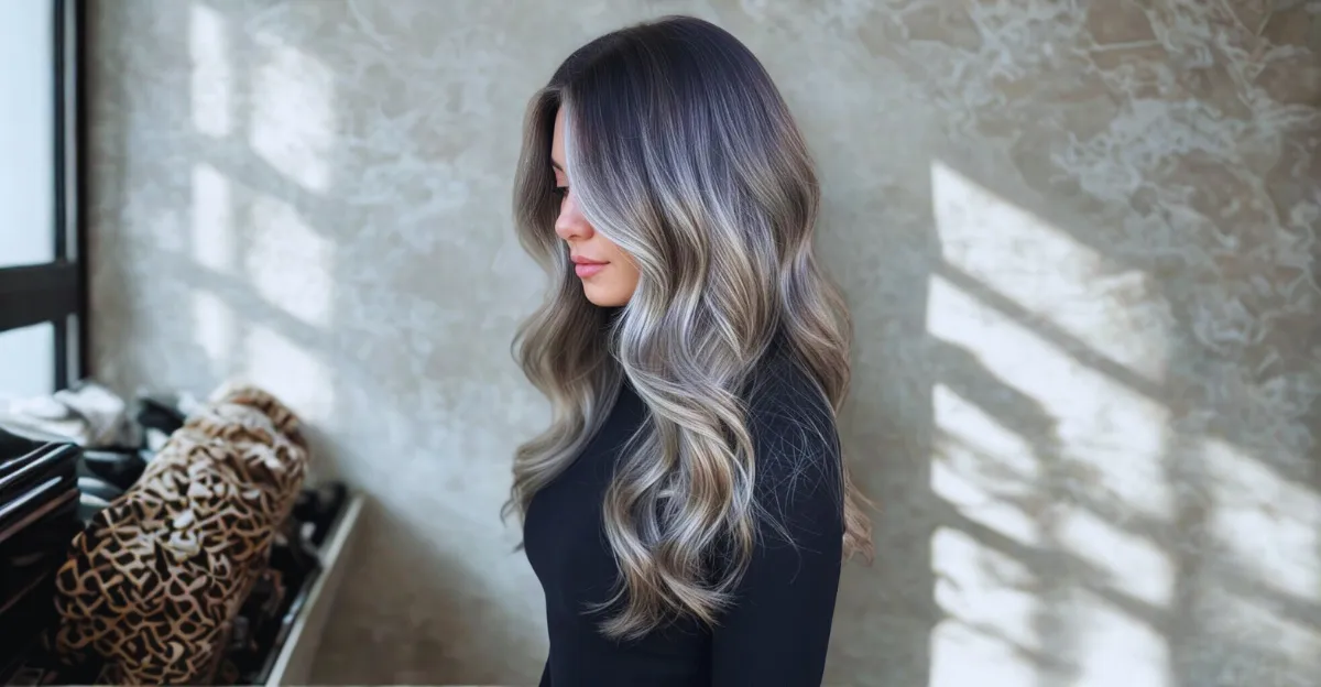 Side view of long wavy dark brown hair featuring a seamless pearl blonde balayage with cool-toned highlights.