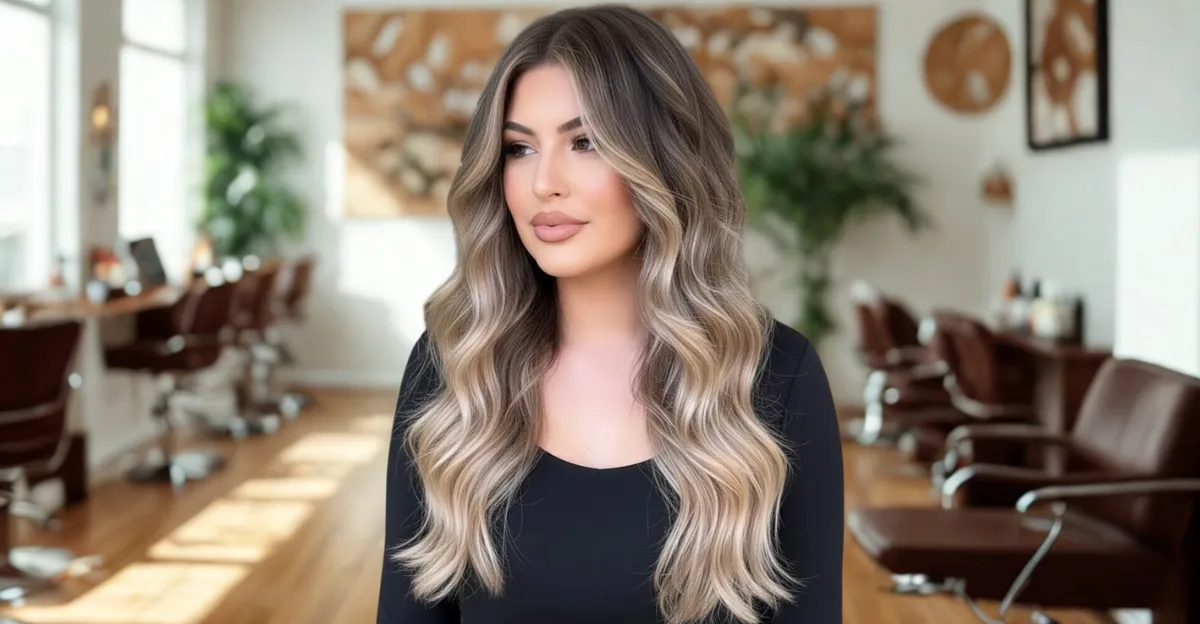 A woman with long, wavy deep brunette hair featuring a seamless beach blonde balayage.